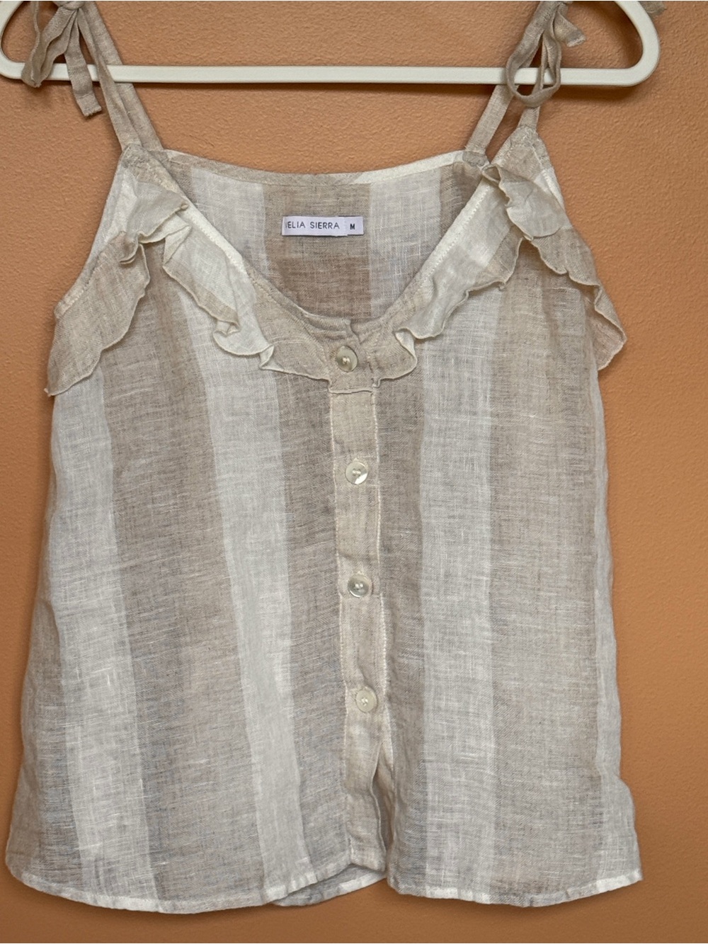 Celia Sierra Beige & Cream Striped 100% Italian Linen Ruffle Tie-Strap Camisole